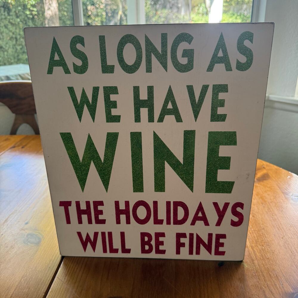 Christmas Wine Sign Holiday Decor Glitter Wood Box Sign 14x12x2